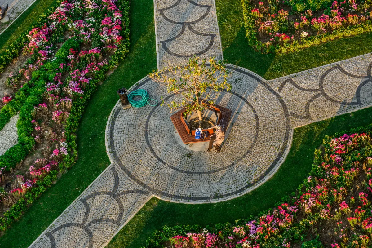 Elegant landscape design in Glenshaw, PA by Sorce Landscaping – Beautiful garden pathways with intricate stonework, vibrant flower beds, and a central tree bench for relaxation. Transform your outdoor space with expert landscape design solutions.