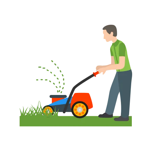 Lawn mowing services in Glenshaw, PA. Illustration of a landscaper cutting grass with a push mower, representing professional lawn care and maintenance.