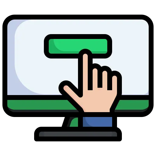 Hand pressing a green button on a computer screen, illustrating user engagement and interaction in digital lead generation processes.