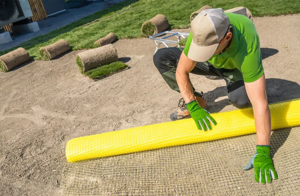 Sod installation in Glenshaw, PA. Landscaping professional preparing soil with erosion control mesh before laying fresh sod for a durable, healthy lawn. Expert lawn services.