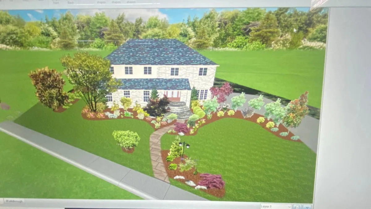 3D rendering of a landscaped home exterior featuring vibrant flowers, shrubs, and a stone pathway, illustrating a proposed outdoor design for landscaping projects.
