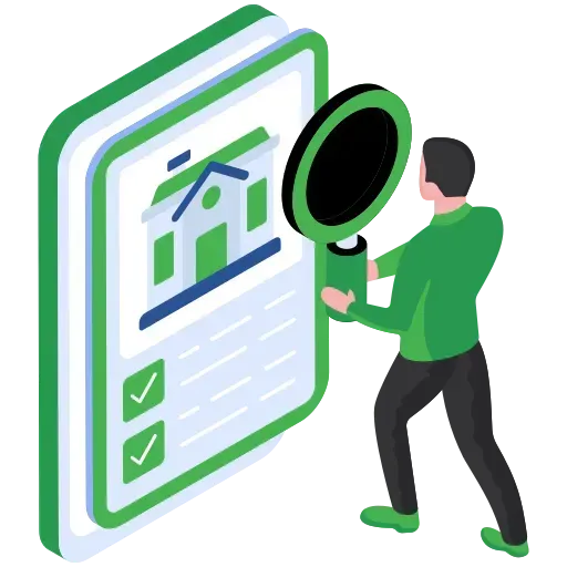 Person inspecting a digital checklist with a magnifying glass, symbolizing thorough evaluation of landscape contracting services and project planning.