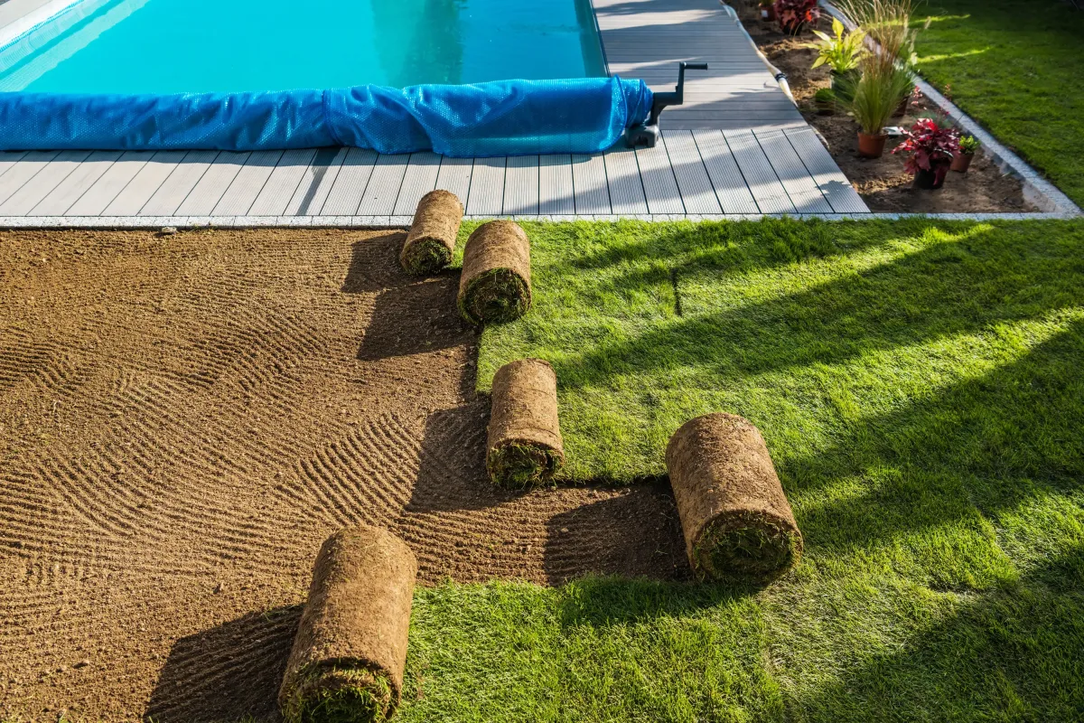 Professional sod installation in Glenshaw, PA. Fresh grass rolls being laid beside a pool for a vibrant, green lawn. Expert landscaping services for a lush outdoor space.
