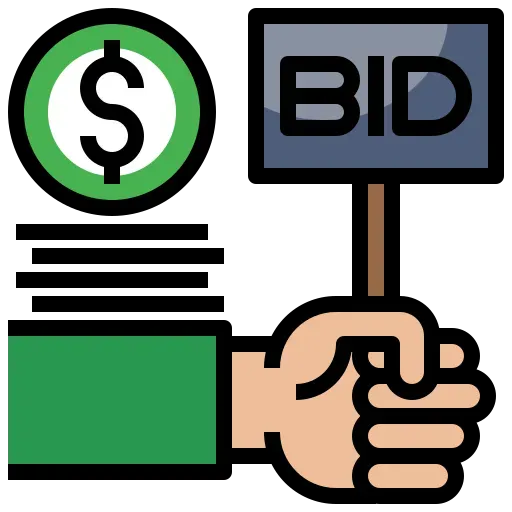 Dollar sign and hand shaking over a sign labeled "BID," symbolizing financial agreements and estimates in landscaping services.