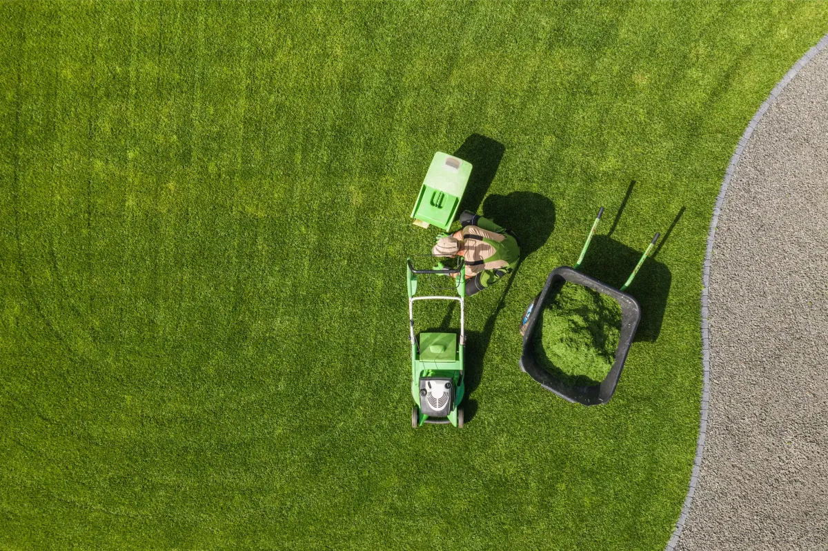 Lawn mowing services in Glenshaw, PA. A professional landscaper trims a lush green lawn with a mower and collects grass clippings, ensuring a well-maintained outdoor space.