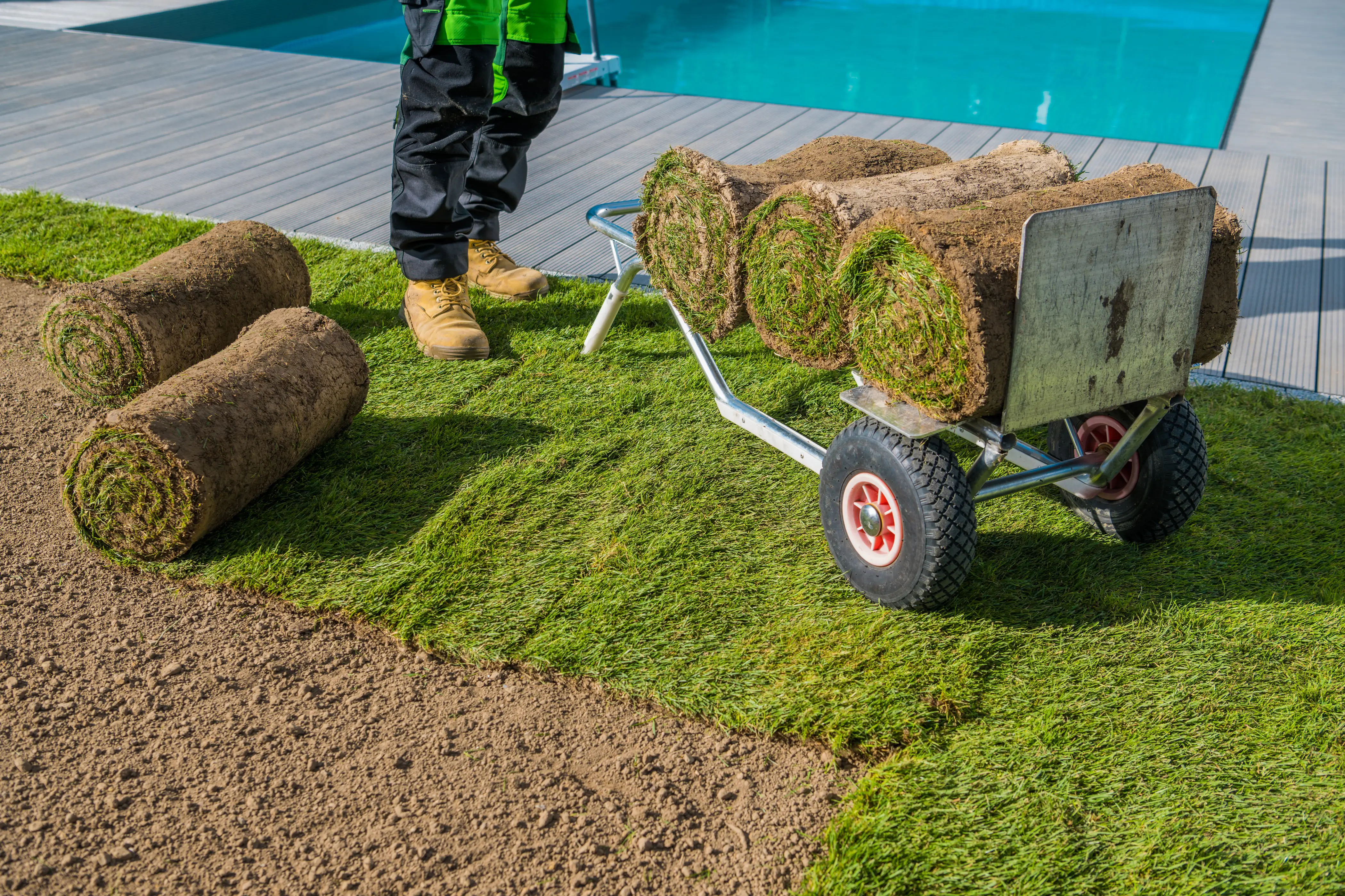 Professional sod installation in Glenshaw, PA. Fresh rolls of sod being laid to create a lush, green lawn. Expert landscaping services for a healthy, vibrant yard.